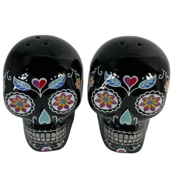 Sugar Skull Salt Pepper Shaker Set Ceramic Day of the Dead Multicolor Black 2 PC - Picture 13 of 16